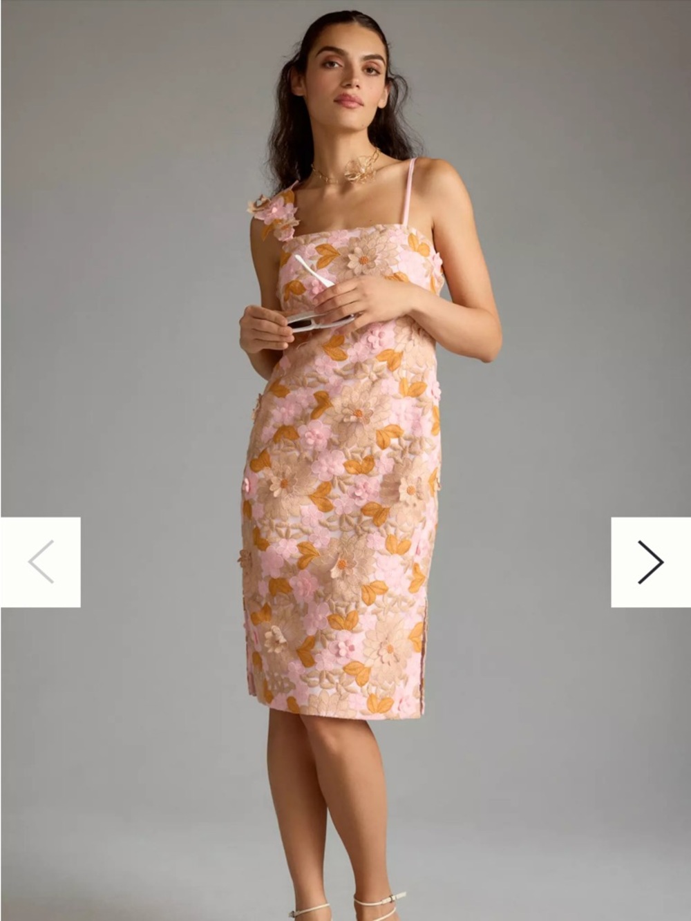 Anthropologie Pink and Gold Floral Appliqué Sheath Dress